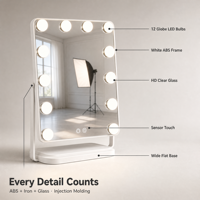 Miroir de maquillage éclairé en bois blanc avec lumières, 34 cm, rotation à 360°, 3 modes de couleur, variateur d'intensité, capteur tactile
