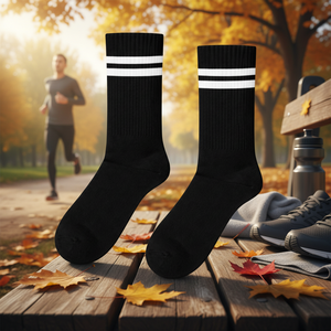 Customizable Logo <b>Black</b> Sports <b>Socks</b> Double White Stripe Pattern Digital Printed Anti-Bacterial Sweat Features for Autumn Season - Product Image 3