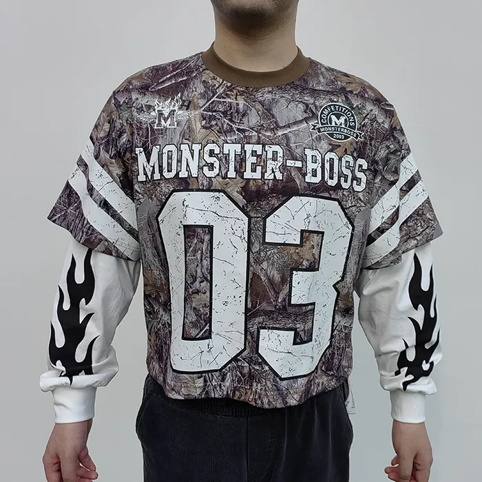 Huilin nhà sản xuất OEM DTG in Camo đồ họa Tees Boxy phù hợp với người đàn ông tùy chỉnh màn hình in ấn logo hai lớp dài tay áo T-shirt