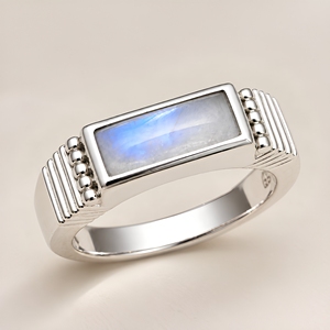 Anillo de Plata de Ley 925 con Piedra Lunar Arcoíris, Cabujón Rectangular, Banda Acanalada, Joyería Elegante para Bodas y Fiestas, Unisex - Product Image 2