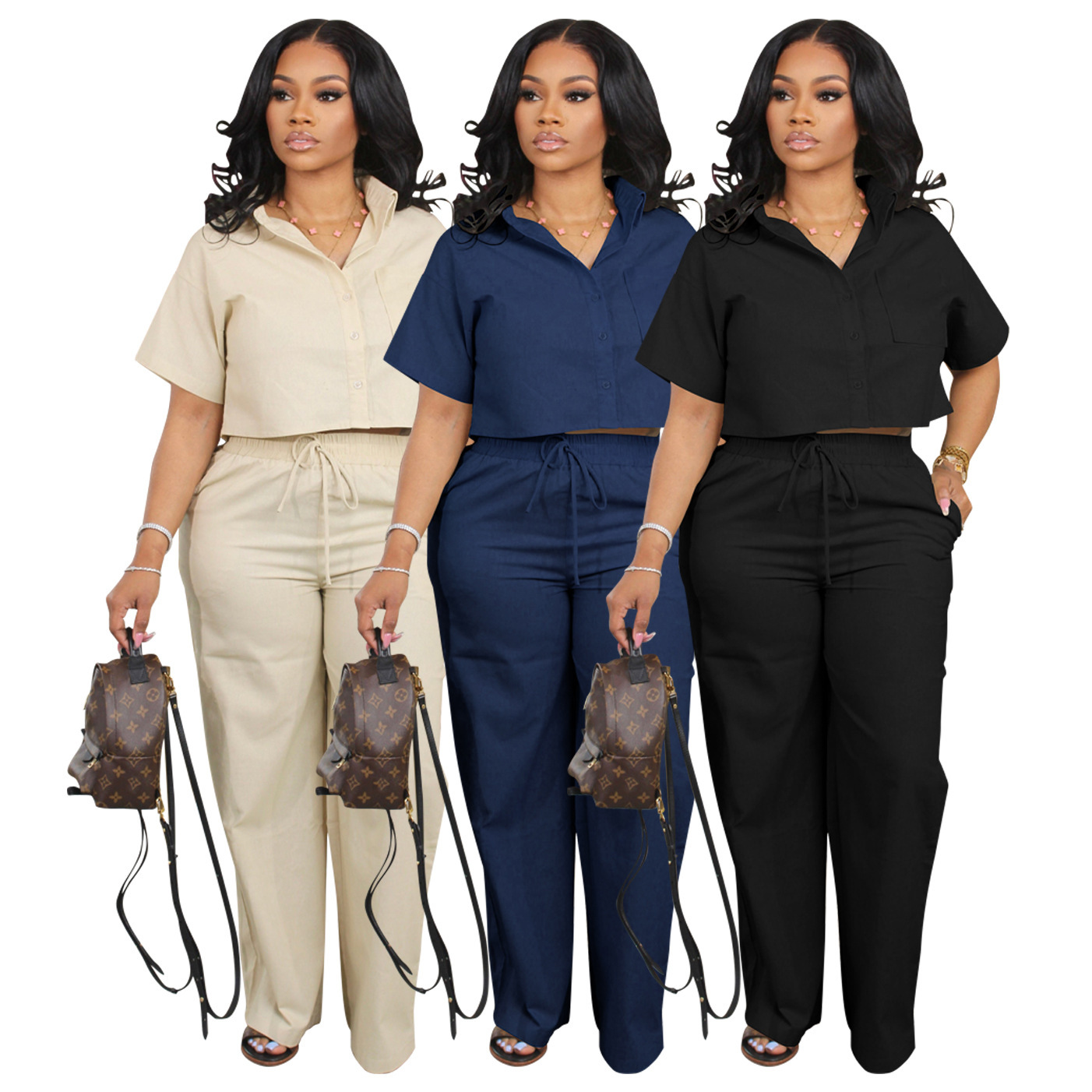 Casual Pleated Shirt and Loose Trousers Suit - Two Piece Pants Set 
