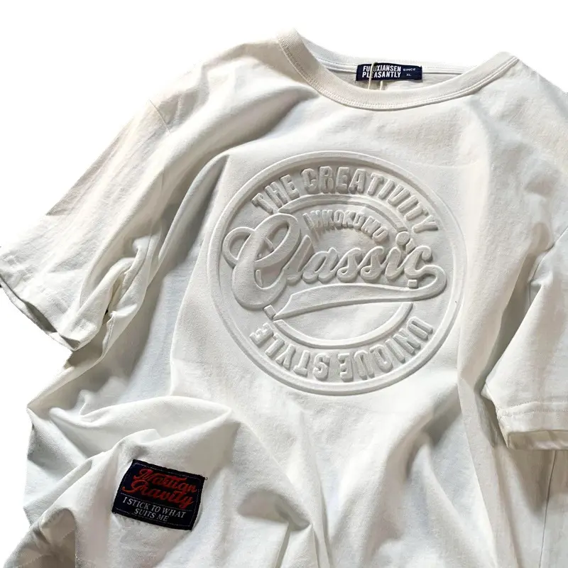 2023 Summer Drop Shoulder Heavyweight Vintage Polyester Cotton T-shirt Custom Fashion 3D Embossed Printing T Shirt For Men
