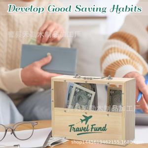 Hucha de madera portátil con asa, caja de ahorro familiar de emergencia, caja reutilizable para monedas y billetes - Product Image 2
