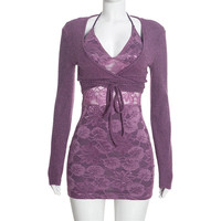 Robe moulante courte en dentelle à col halter et manches longues pour femme Jiubaju avec boléro en tricot, ensemble deux pièces sexy pour soirée et boîte de nuit
