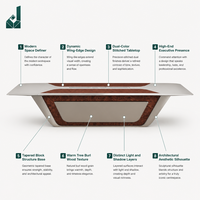 Table de réunion de direction en bois de placage et argent satiné avec bordure en aile d'ange, base conique et gestion des câbles pour bureau d'entreprise