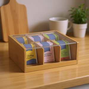 Tee-<b>Box</b> Wooden <b>Tea</b> Storage Organizer With Clear Lid For 6 Compartments Kitchen Organization - Product Image 3
