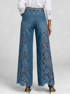 Jean large taille haute en denim floral ajouré avec empiècements en dentelle pour <span class=keywords><strong>femme</strong></span>, style Coquette, Vente en gros - Product Image 2