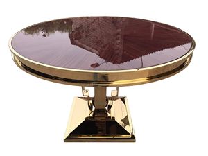 Mesa de Comedor Rectangular de Lujo con Cubierta de Madera Enchapada de Alto Brillo y Base de Pedestal de Acero Inoxidable Dorado, Moderna, para Hotel y Villa - Product Image 3