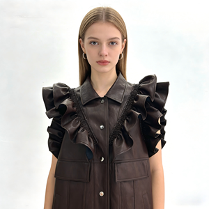 Veste en cuir marron foncé <span class=keywords><strong>sans</strong></span> manches, veste en cuir avec épaules à volants, un choix parfait pour les tenues décontractées - Product Image 1