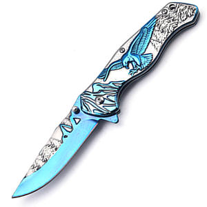 Águila en relieve azul titanio en el mango con patrón de rango de montaña 3,5 "Cuchillo de bolsillo con hoja impresa azul - Product Image 6