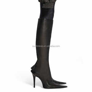 <span class=keywords><strong>Bottes</strong></span> <span class=keywords><strong>hautes</strong></span> noires en cuir à talon aiguille de 110 mm pour <span class=keywords><strong>femme</strong></span>, style sorcière, design exagéré et luxueux, à bout pointu, pour l'hiver - Product Image 1