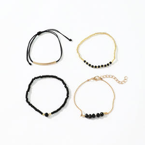 4 Uds. De cuerda negra apilable Bohemia ajustable chapado en oro con cuentas de arroz, pulsera elástica, conjunto de pulsera, regalo de verano para mujer - Product Image 1