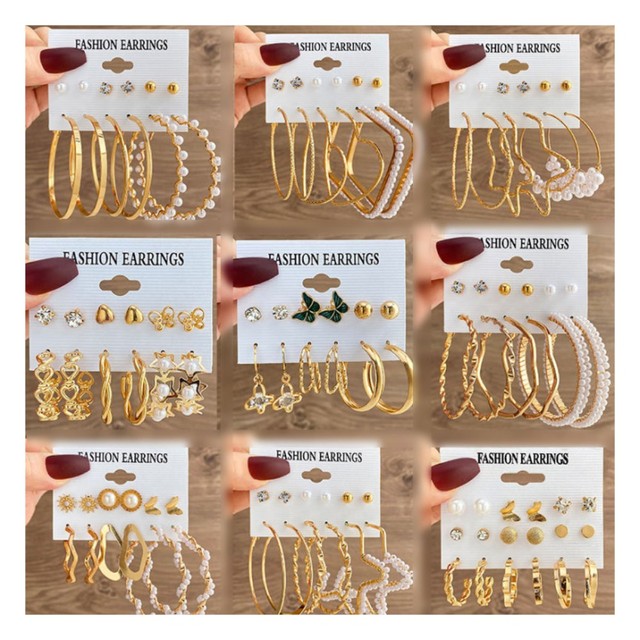 Fashion New Pearl Heart Circle Gold Plated Butterfly Hoop Stud Earrings Set for Women Jewelry Wholesale