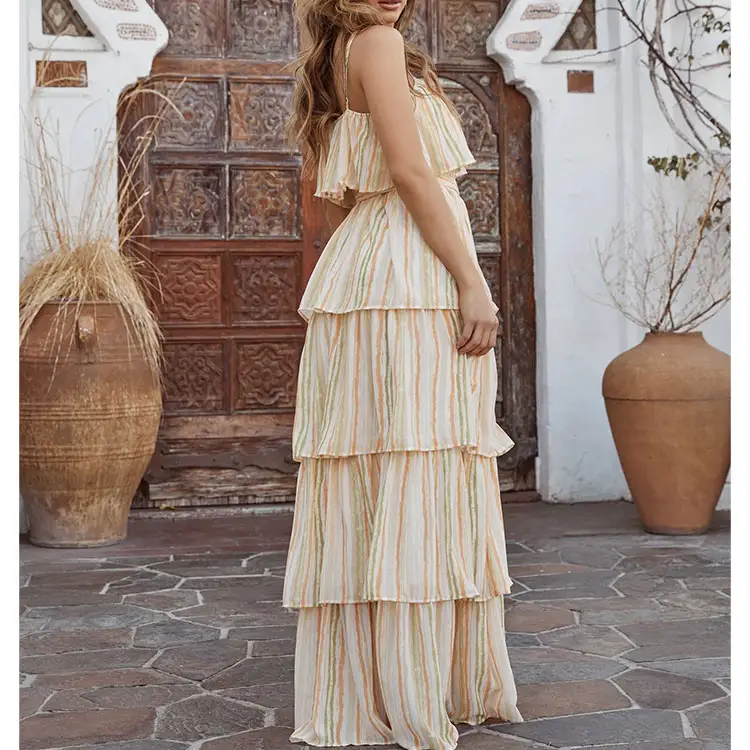 good quality layered ruched extra long women skirt ruffle tiered maxi dress with spaghetti straps