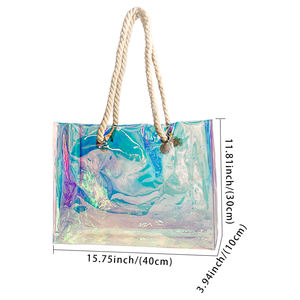 Sac de plage en corde de chanvre holographique en PVC tendance, sac fourre-tout transparent irisé pour les voyages, les cadeaux, le rangement, les courses - Product Image 3