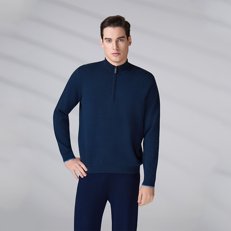 Navy Winter Customized Warm Pure Cotton Jacquard Long Sleeve Knitwear Solid Jumper 1/4 Zip Men's Sweater