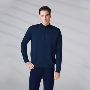 Pull en maille jacquard à manches longues en pur coton chaud personnalisé pour l'hiver, couleur marine, avec fermeture éclair 1/4, pour homme - Product Image 1
