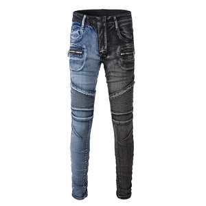 Jeans Ajustados con Múltiples Cremalleras para Hombre, Jeans Desgastados con Múltiples Bolsillos, Estilo Motero, Hip Hop, Negro, <span class=keywords><strong>Azul</strong></span>, Patchwork - Product Image 2