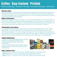 Sacs d'emballage pour café biodégradables en aluminium, imprimés sur mesure, fond plat, noir mat, avec valve et fermeture éclair
