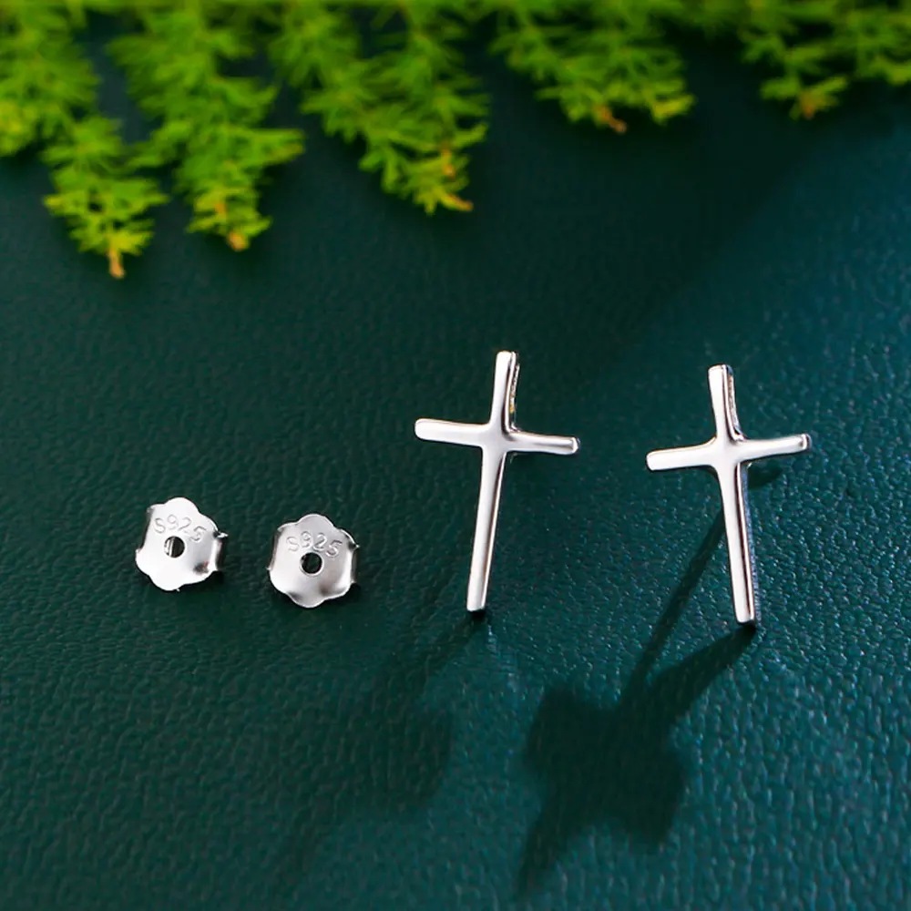 Factory Wholesale Hypoallergenic 925 Sterling Silver Religious Jesus Cross Shape Stud Earrings for Women Jewelry