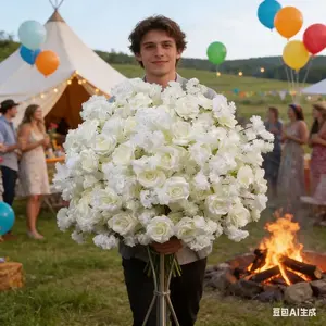 Décoration de mariage, anniversaire, banquet : grandes boules de fleurs blanches en cerisier et roses de 80/70/60/50 cm, décoration de table avec vases et porte-bougie - Product Image 5