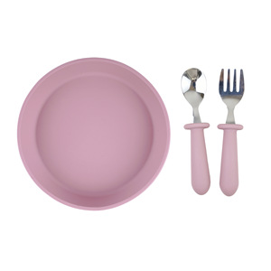 Assiette à dîner en silicone pour enfants, avec fourchette et cuillère, couleur Rose, pour enfants de 1 à 2 ans, vaisselle de table, Style Simple - Product Image 1