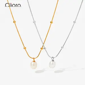 Minimalist Jewelry Freshwater Pearl Pendant Charm Necklace Interval Bead Snake Chain Stainless Steel Pearl Necklace