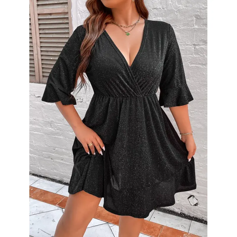 D1002 Wholesale OEM V-neck Summer Elegant Girls Simplicity Black Casual Dress For Women Mid Length