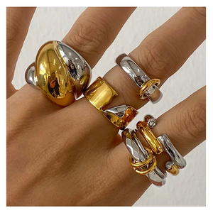Gran oferta, joyería de acero inoxidable de colores mezclados a la moda, resistente al agua, chapado en oro de 18 quilates, anillo de dedo grueso de dos tonos para mujer - Product Image 4