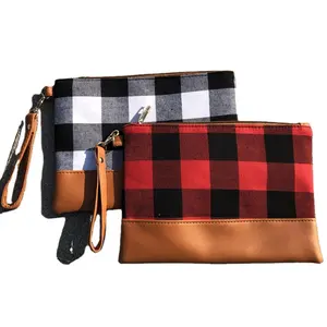 Popular for girls women travel buffalo red and white plaid makeup case bag polyester cosmetic clutch bags