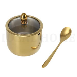 Vente en gros d'usine Sucrier en acier inoxydable de haute qualité avec revêtement en or PVD à l'extérieur et cuillère - Product Image 3