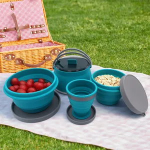 Camping Cooking Utensils Set Cookware Pot Bowl Cups Cook Set Silicon Foldable Water Kettle Silicone Outdoor Camping Cooking Set