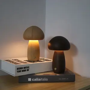 Battery Rechargeable USB Mushroom Lamp Wooden Night Light Decoration LED Desk Lamp With Touch Switch