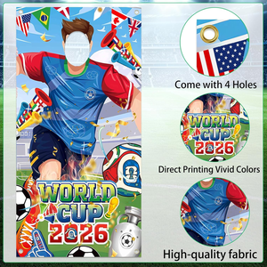 لافتة عالمية 71×35 بوصة لعام <span class=keywords><strong>2026</strong></span> مع صورة لاعب كرة قدم مع فتحة للوجه لتزيين حفلات كرة القدم العالمية - Product Image 2