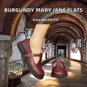 Zapatos Planos Retro para Mujer, Color Borgoña, con Correa en T y Hebilla, Transpirables, Antideslizantes, con Plataforma Sólida, para Otoño y Verano - Product Image 2