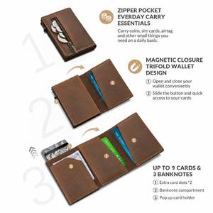 Portefeuille pour homme Casekey, fin et minimaliste, en cuir véritable Crazy Horse, à trois volets, avec fermeture magnétique et porte-cartes de crédit avec fermeture éclair - Product Image 2