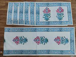 7 Pcs White & <b>Blue</b> Floral Handblock <b>Table</b> <b>Runner</b> + Mat Set | 100% Canvas Cotton Fabric Dining <b>Table</b> Decor <b>for</b> Wholesale - Product Image 1