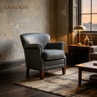 Fauteuil club en similicuir PU, style vintage, avec garniture cloutée, accoudoirs roulés, pieds en bois massif, pour salon, chambre, hôtel
