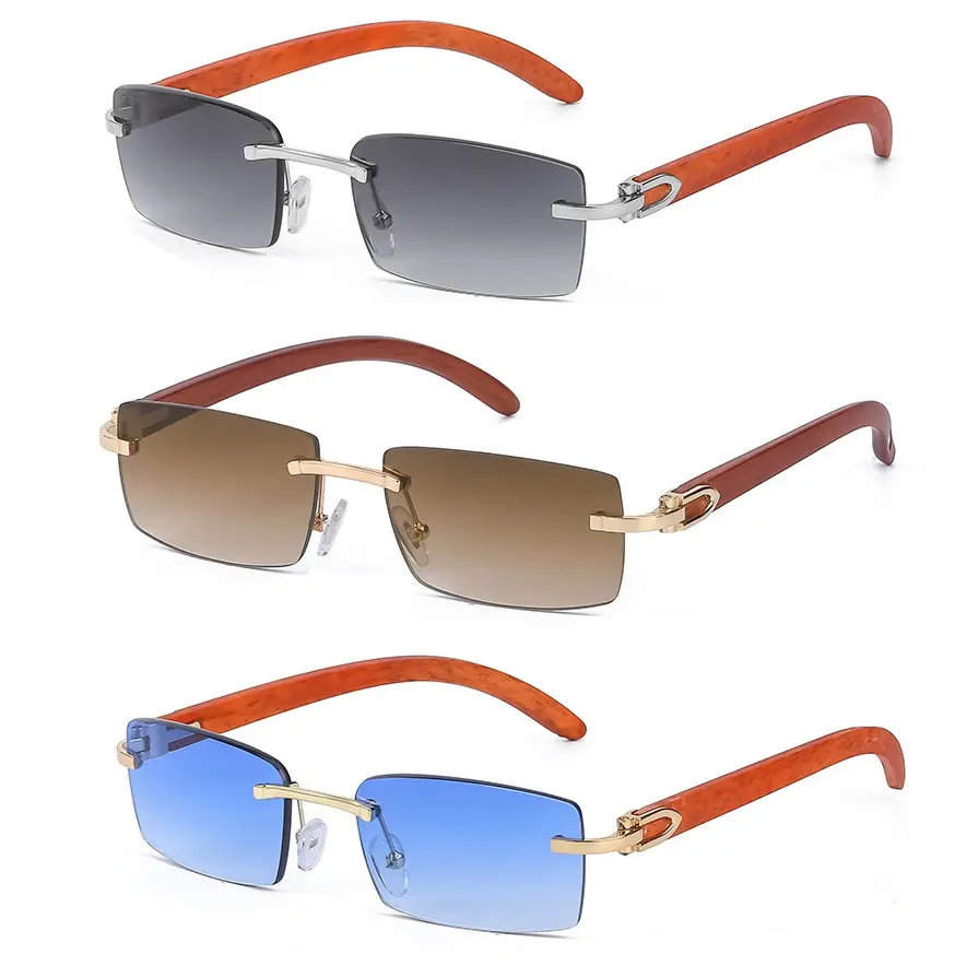 High Quality Bamboo Wood Fashion Men 2023 Rimless Small Frame Rectangle Designer Sunglasses