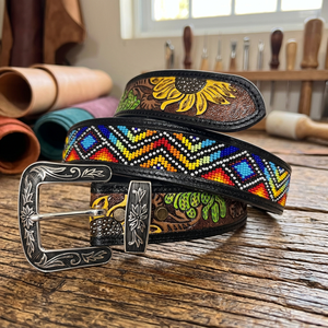 Trending Unisex Casual Luxury Cowhide Western Sunflower Hand Tooled Full Grain Beaded Designs Alloy Buckle Custom Length Ready - Product Image 3