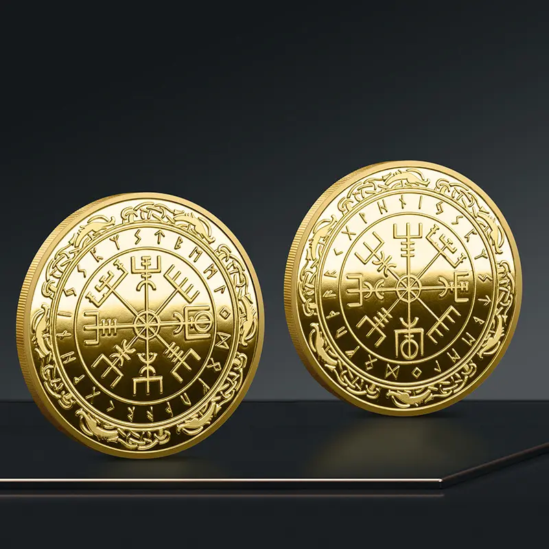 Huaqi नॉर्डिक वाइकिंग ओडिन लोगो कम्पास स्मारक सिक्का 3D राहत धातु शिल्प