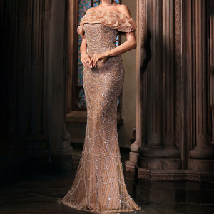 Abito da sera plissettato a sirena con paillettes color Champagne per cocktail party, abbigliamento per ospiti di nozze - Product Image 3