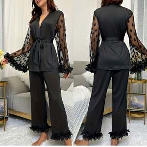 Sfy-y5108 2025 Conjunto de Lujo de Bata y Pantalones de Seda de Invierno de 2 Piezas con Cinturón, Pijama de Mujer con Volantes de Encaje Transparente en las Mangas - Product Image 3