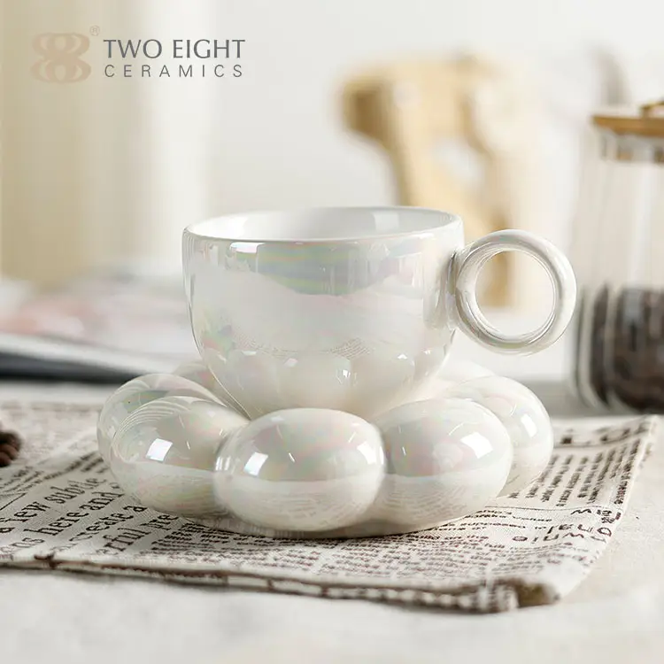 Custom Logo Printed Creative Cloud Cup with Saucer Sets Coffee Milk Tea Mug Ceramic Cup Pearl Glaze Ceramic Coffee Cup