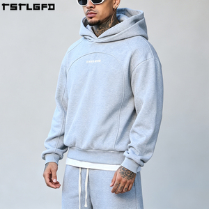 Sudadera con capucha doble personalizada, de peso pesado, gris melange, con paneles y costuras arqueadas, estilo streetwear, corte holgado, al por mayor - Product Image 1