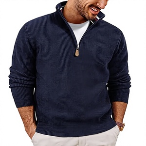 <b>Men's</b> <b>Navy</b> <b>Blue</b> Quarter Zip Knitted Long Sleeve Casual <b>Shirt</b> Stand Collar Solid Color Autumn Wear - Product Image 1