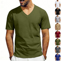 T-shirts pour hommes à col en V uni avec logo personnalisé, coupe slim, manches courtes, respirants, 100% coton, décontractés, 220g, multicolores