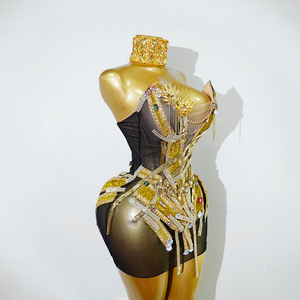 Vestido de lujo exclusivo para mujer con diamantes de imitación dorados, corsé de malla negra microelástica de alta costura para actuaciones. - Product Image 4