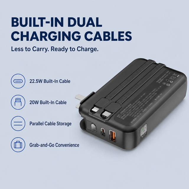 20000mAh Portable Charger Power Bank with Foldable US AC Plug Built-In Dual Cables Digital Display for Business Travel