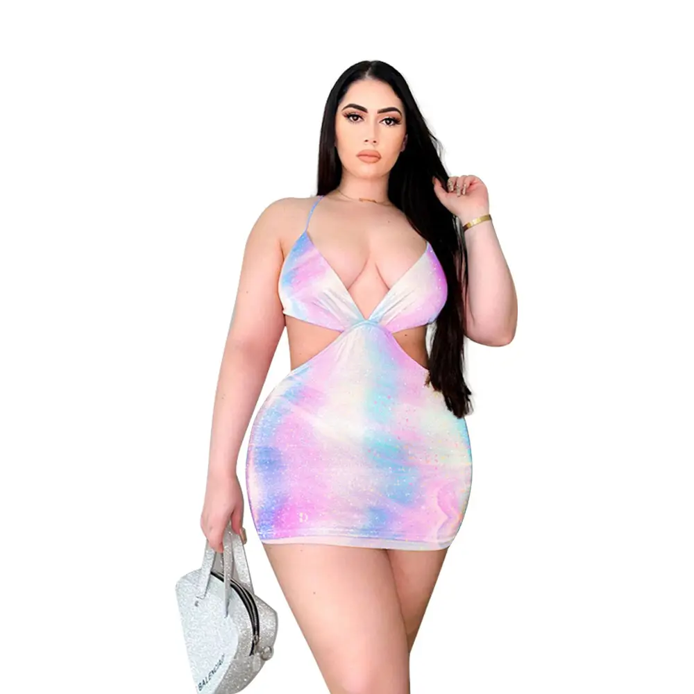 Plus Size Hot Dress Stylish Design Tie Dye Halter Hollow Out Bodycon Corset Mini Dress Women Sexy Elegant Plus Size Hot Dress